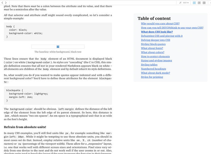 A fixed TOC with a maximum of level-two headings, highlighting the currently visible section