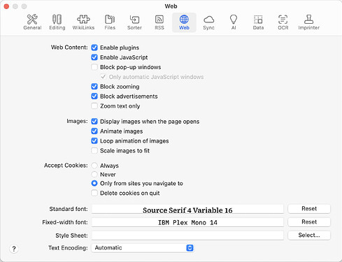 DEVONthink: Settings > Web