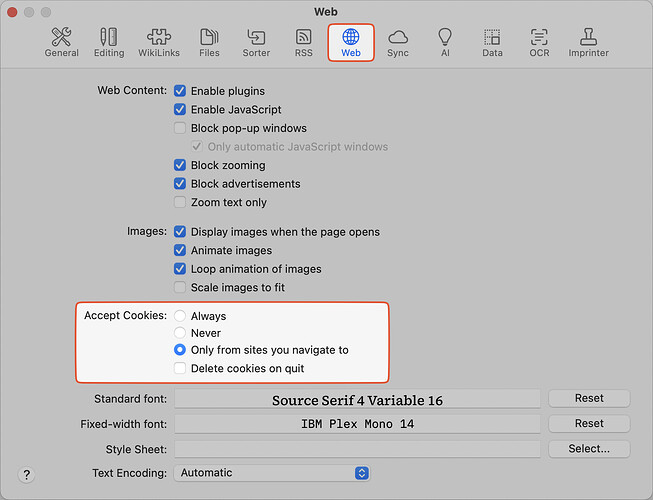 DEVONthink cookie settings